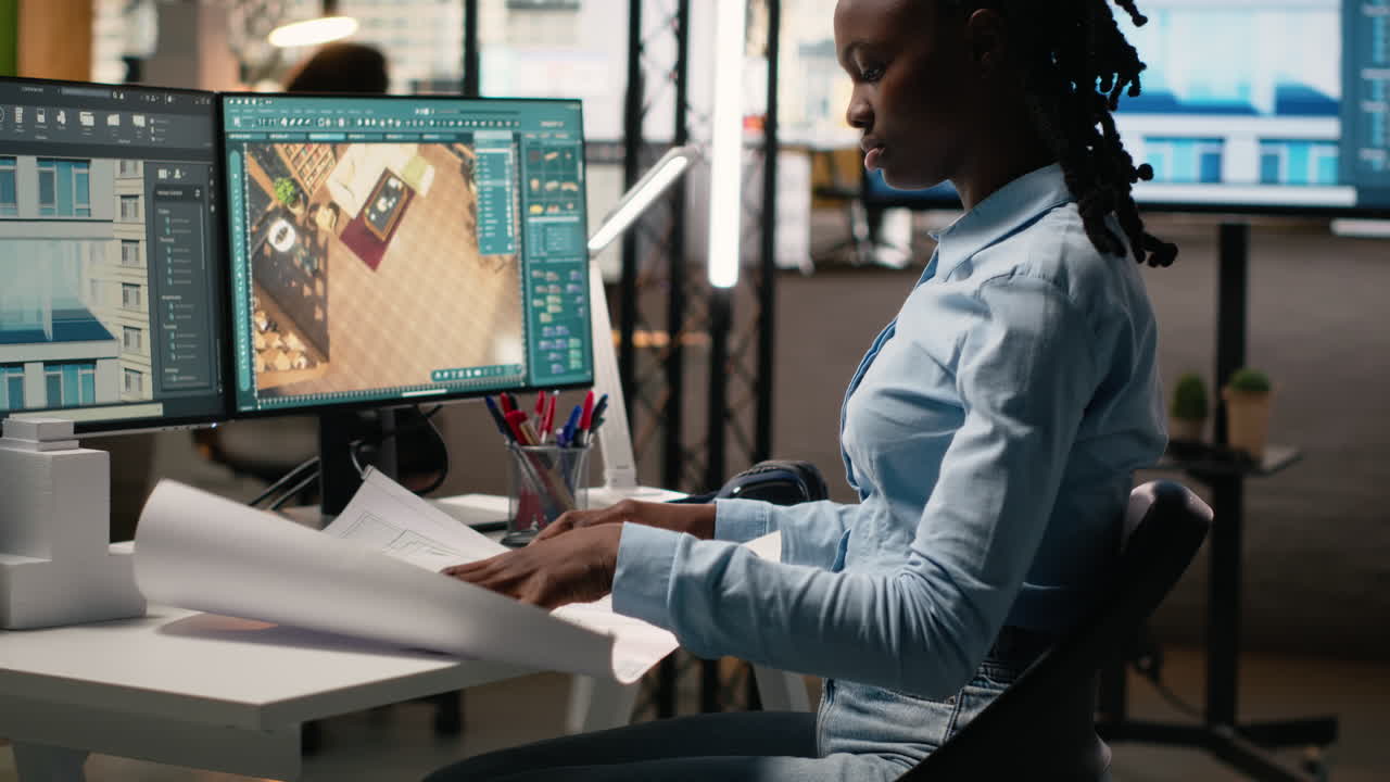 Vertical Video Black female expert works on interior design and walls structure on a software