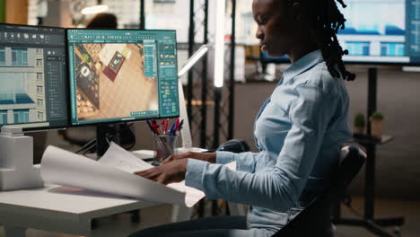 vertical video black female expert works on interior design and walls structure on a software