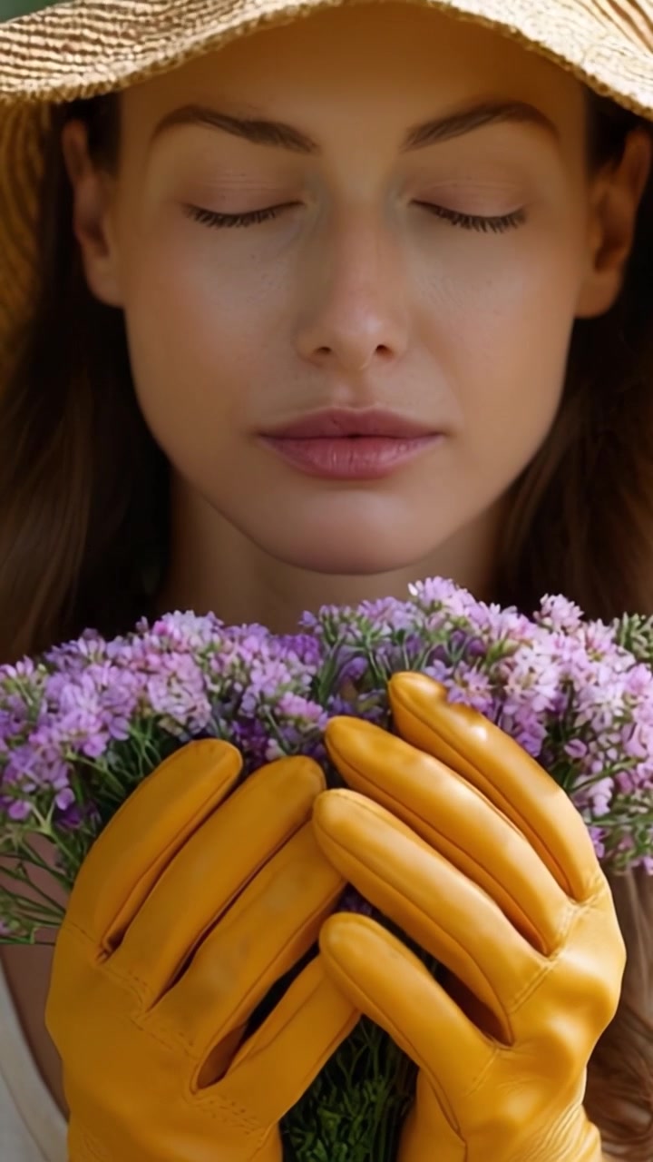 Una donna con gli occhi chiusi tiene delicatamente un bouquet di vivaci fiori viola mentre indossa guanti gialli e un cappello di paglia, incarnando tranquillità e gioia nella natura.