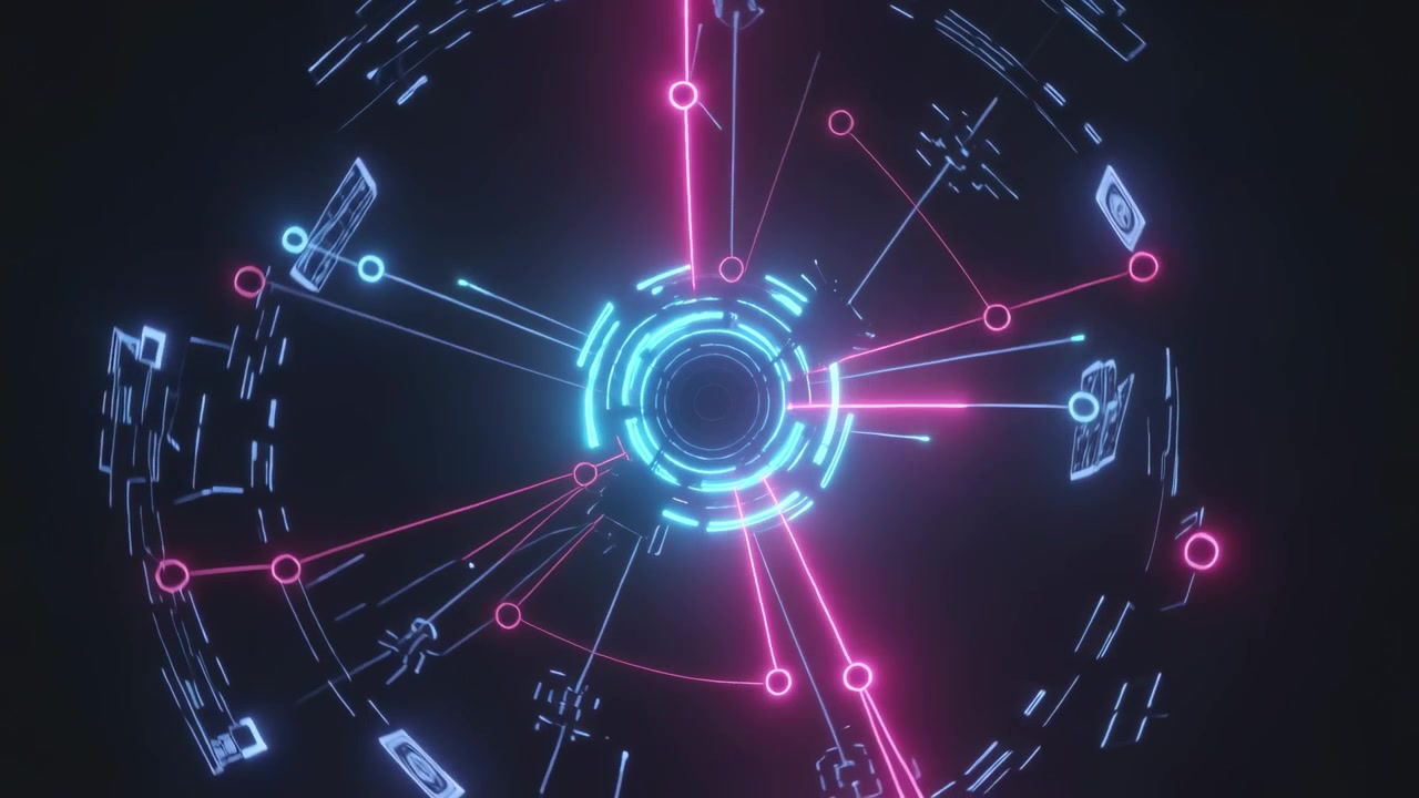 Pulsing holo hub sending cyan pulses on black void, activating magenta nodes, visualizing data