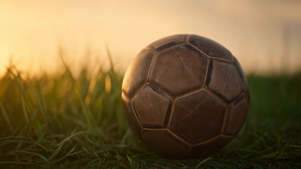 Ein Vintage-Fußball aus dunkelbraunem Leder steht in üppigem Gras während eines goldenen Sonnenuntergangs, mit genähten Fünf- und Sechseck-Paneelen, Falten, Patina und weichen Gegenlicht-Highlights, die eine nostalgische Outdoor-Atmosphäre schaffen.