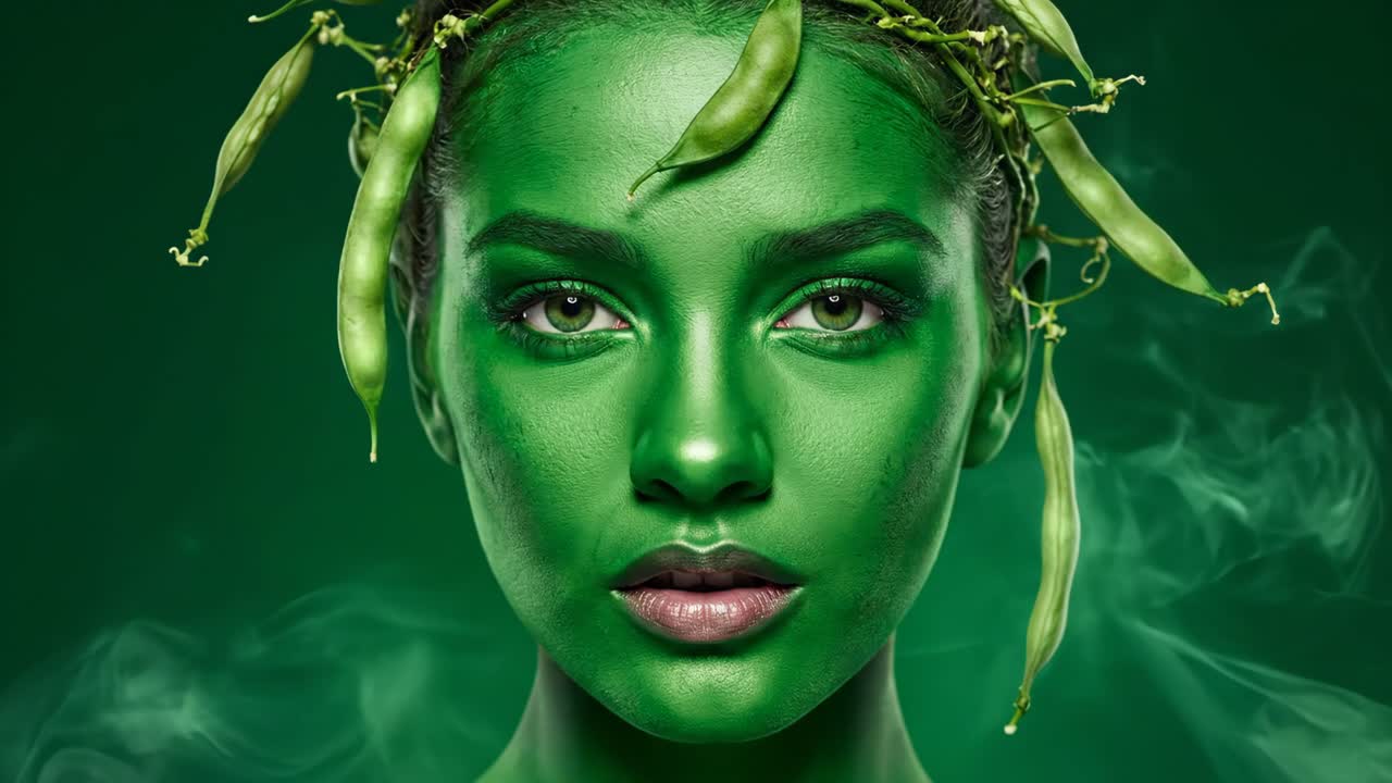 Retrato de beleza verde com ervilhas
