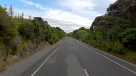 südinsel, neuseeland - fahrt entlang der autobahn in der region catlins, umgeben von reichlich üppigem grün - pov
