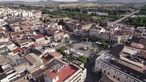 plaza de espana in merida, spain, aerial around historical landmark and skyline