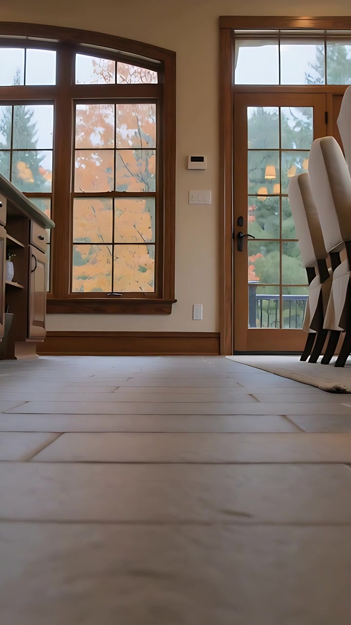 Video vertical: Grabación de una vista baja desde el suelo en una cocina, capturando el suelo de baldosas y una puerta de cristal con árboles.