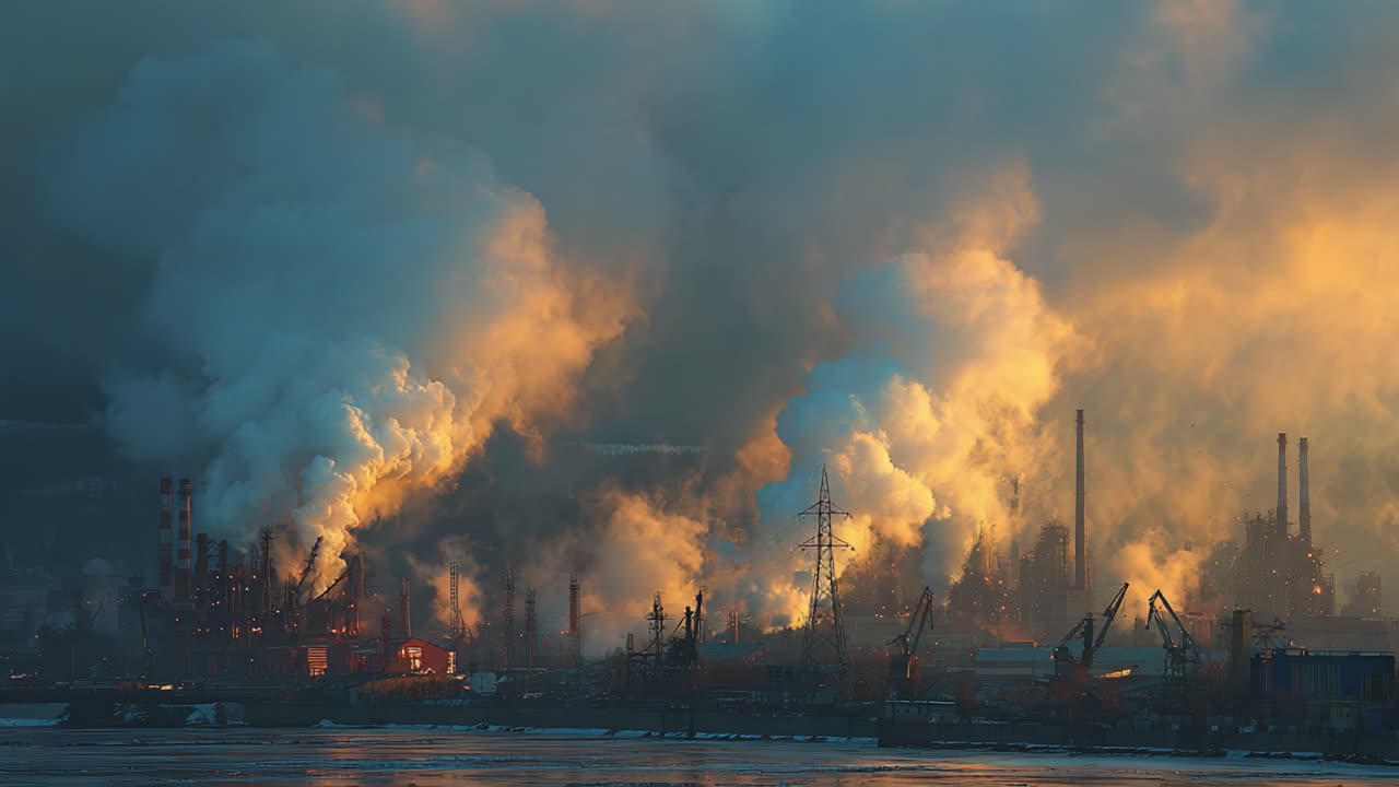 Expansive View of Industrial Complex Emitting Plumes of Smoke into the Sky at Dawn, Highlighting the Impact of Manufacturing on Air Quality and the Environment