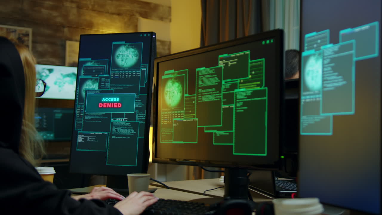 Hooded hacker girl gets access denied while trying to steal