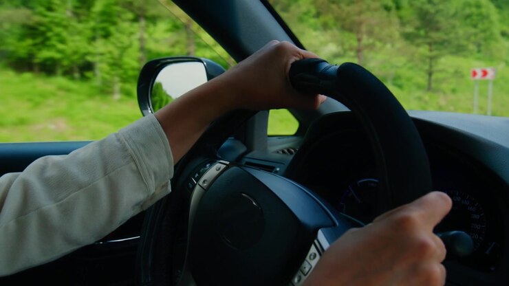 Des mains tiennent le volant, conduisant sur une route forestière pittoresque. Le conducteur est concentré, calme, profitant de la nature. Idéal pour les thèmes de voyage, d'aventure ou de sécurité. Adapté pour l'automobile, les voyages en voiture.