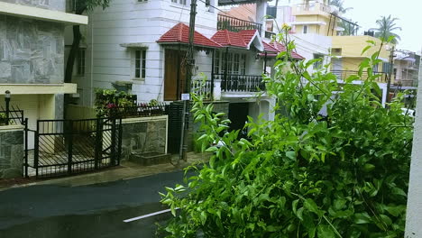 Green-bushes-in-focus-in-a-beighbourhood-with-houses-and-heavy-rainfall-in-background