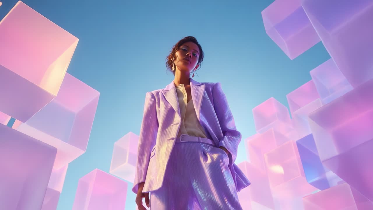 A confident individual in a shimmering suit stands poised beneath a vivid sky, surrounded by translucent geometric shapes, embodying a blend of modern style and ethereal beauty in a captivating visual narrative