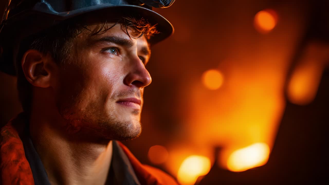 A thoughtful miner reflects amidst a backdrop of glowing embers and industrial light, capturing the essence of labor and determination in a challenging environment while showcasing resilience and strength