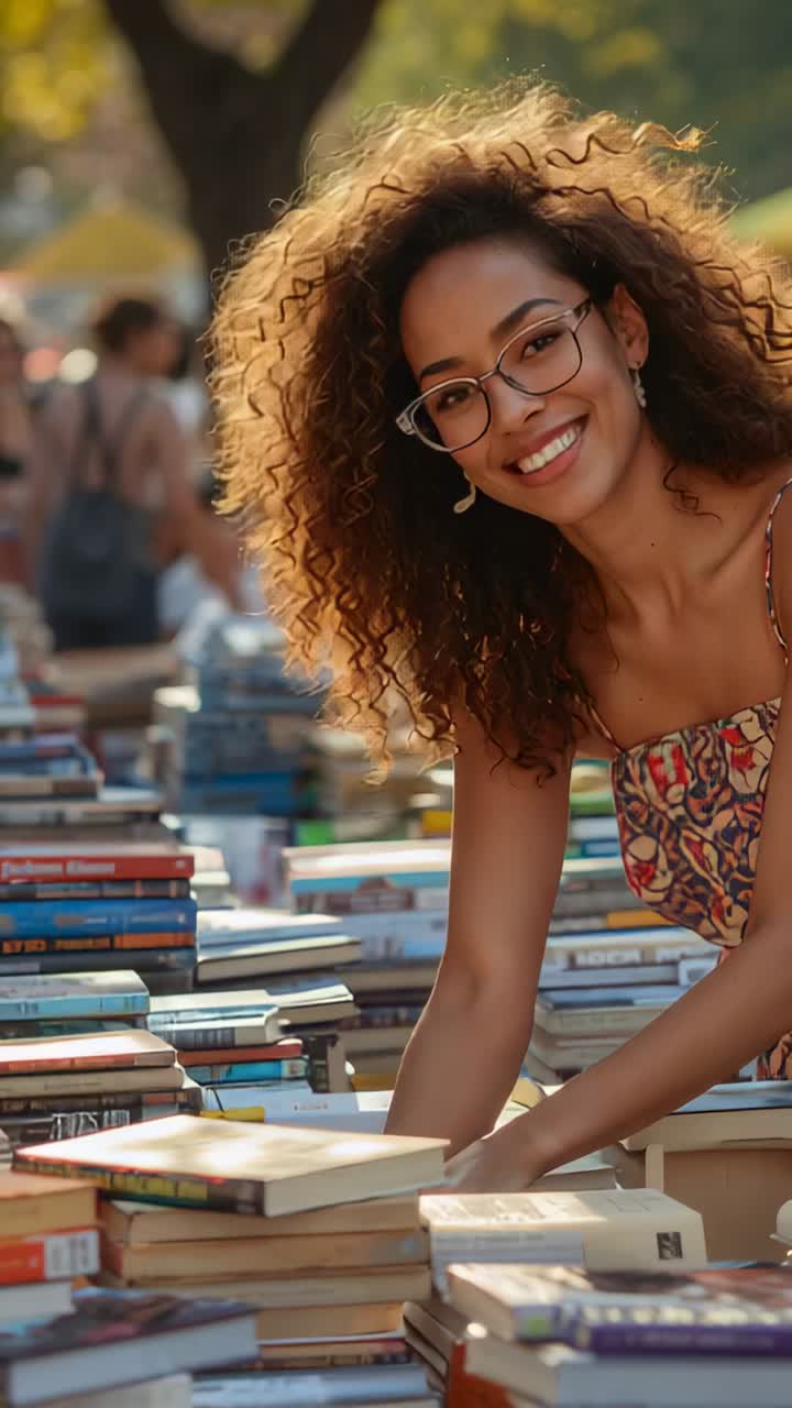 Video verticale: la camera si avvicina a una libraia in prendisole che sistema pile di libri nel parco sfogliandone uno