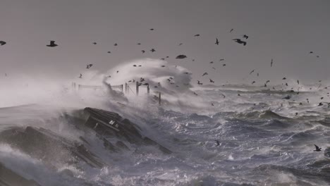 stormy waves crashing against breakwater with gulls