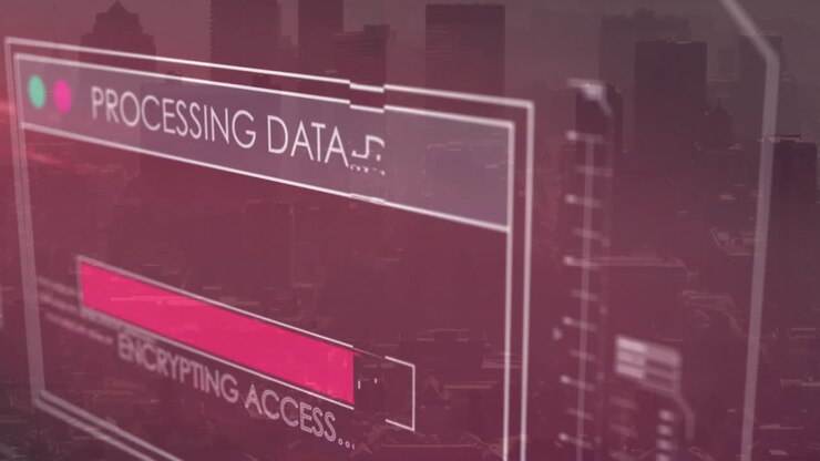 Processing data and discovering database animation over cityscape background