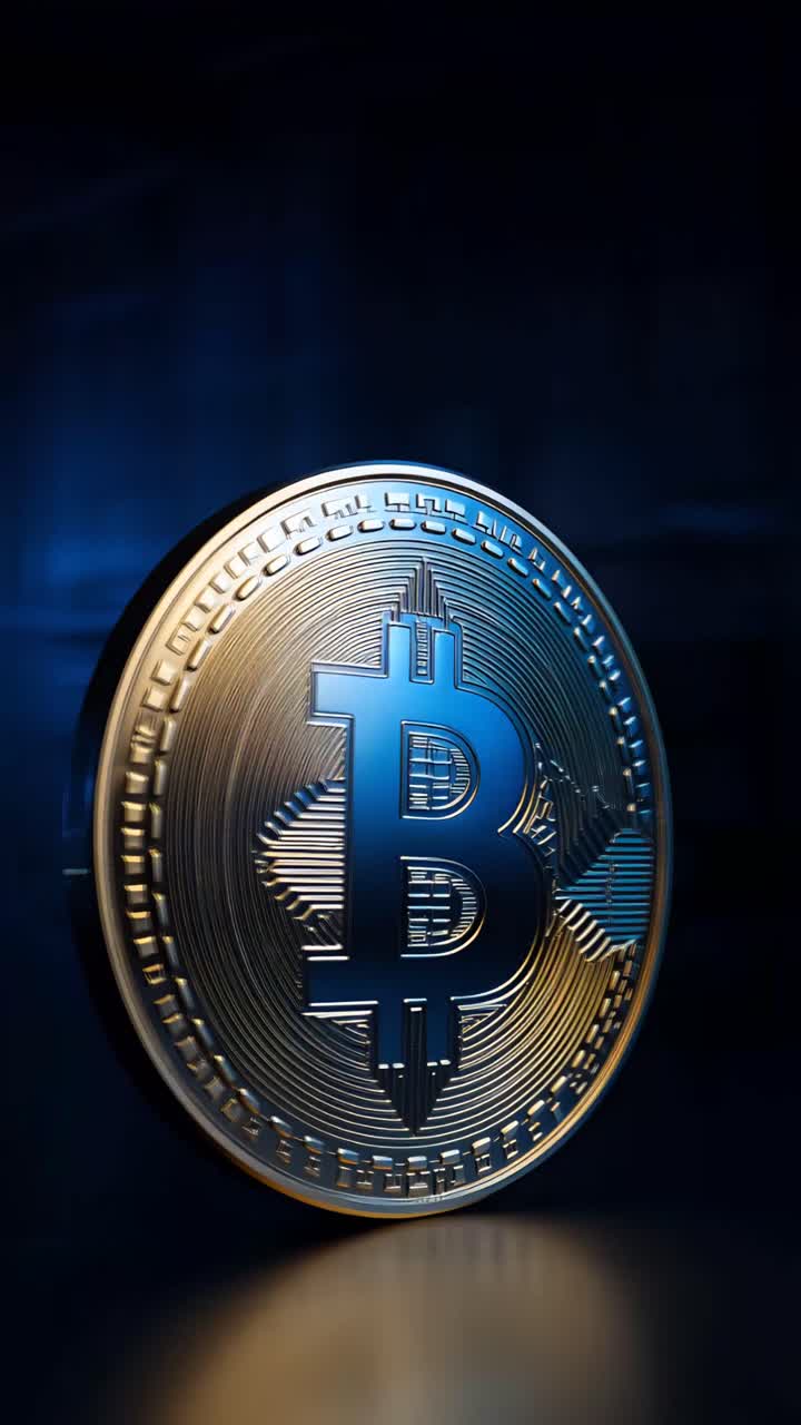 Animazione rotante di Bitcoin dorato su sfondo scuro, criptovaluta cinematografica 4K.