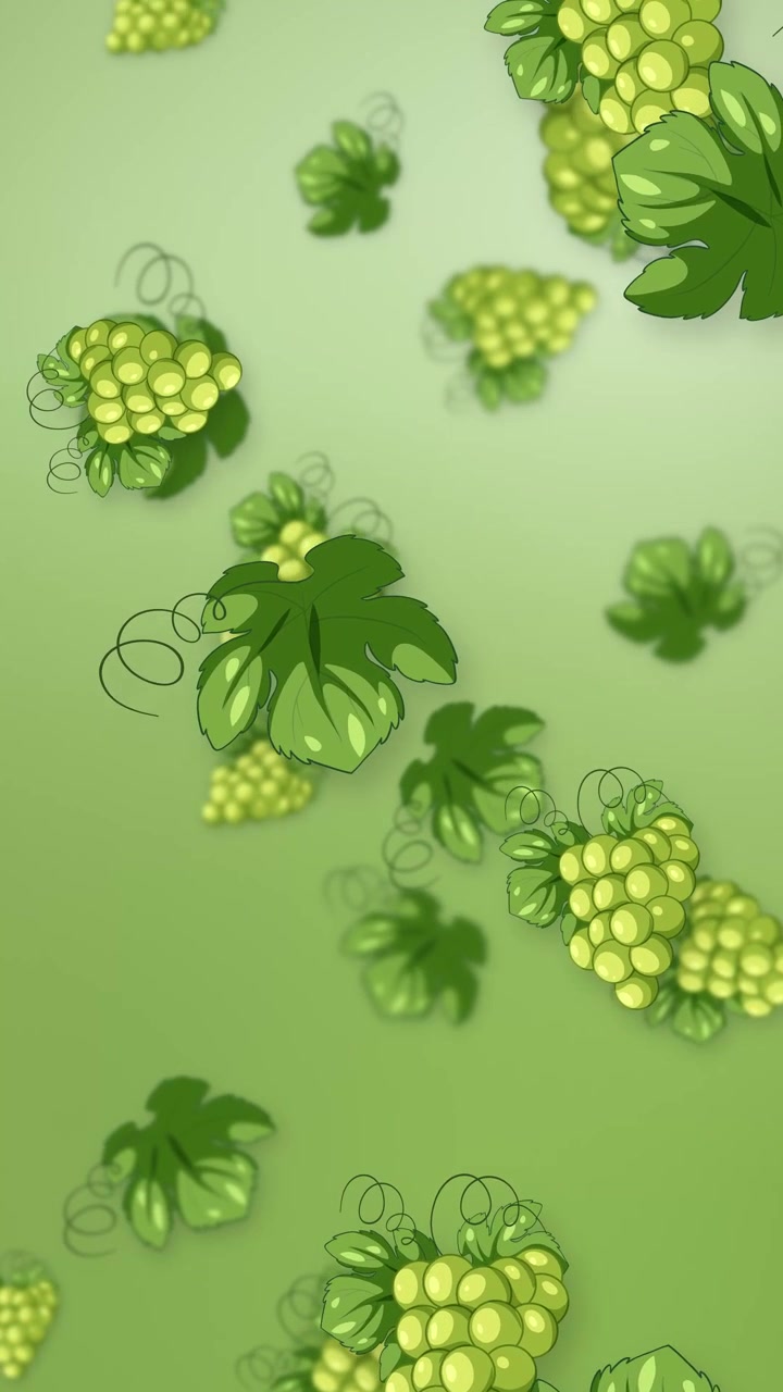 Uva verde stilizzata e foglie di vite cadono verticalmente su uno sfondo sfumato di verde tenue