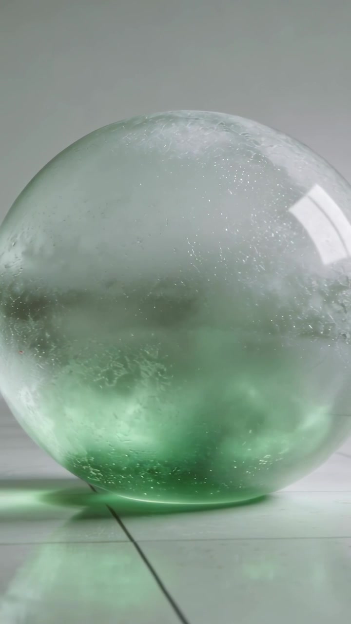 Vertical video: Settling glass orb showing inside mist settling and pooling on glossy tile in light