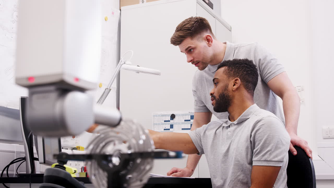 Two Male Engineers Uses CMM Coordinate Measuring Machine In Factory