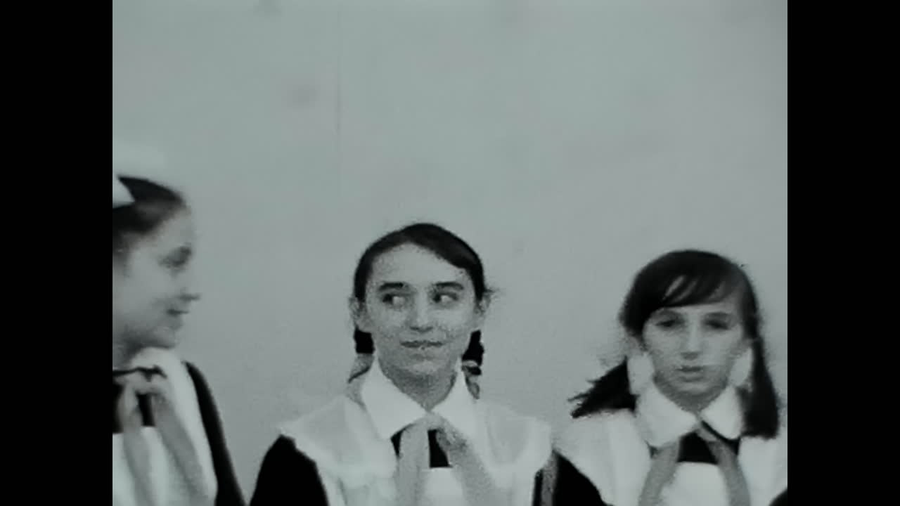 Pioneers Wearing Ties in a Black and White Video. CIRCA USSR 1970: Pioneers Wearing Ties in a Black and White Video