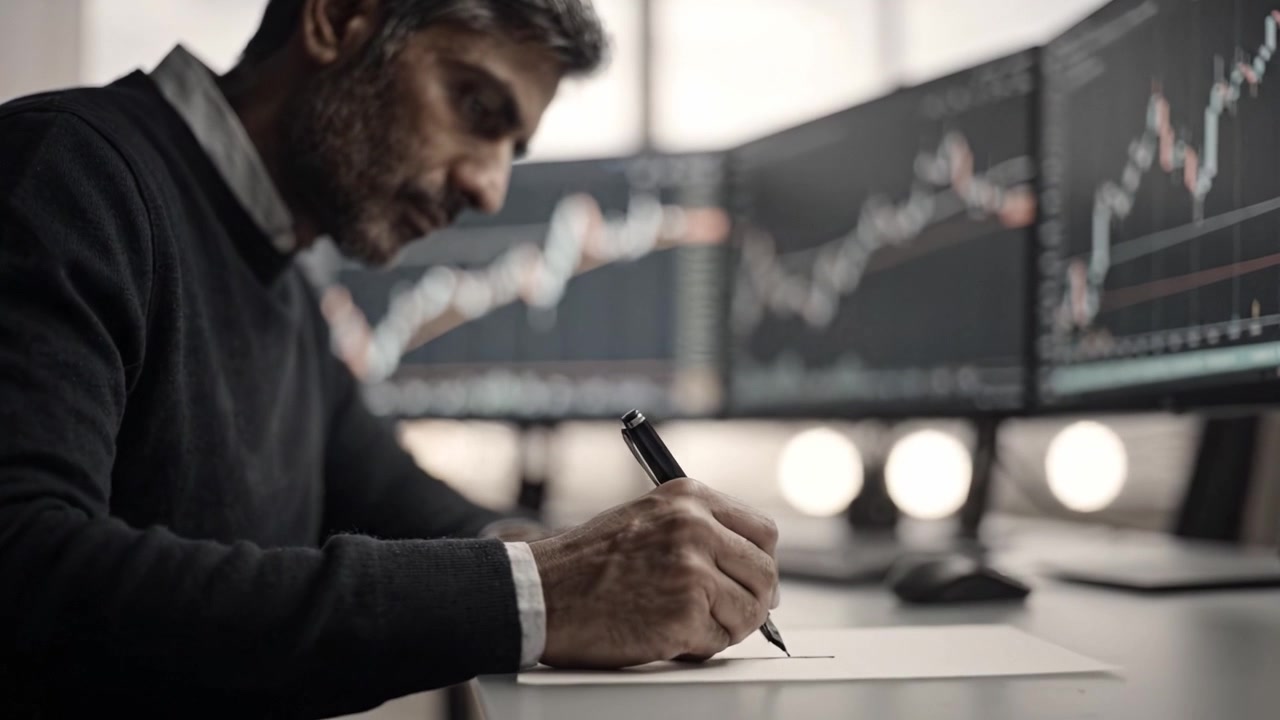 Individuo concentrato che analizza dati finanziari con più monitor, prendendo appunti e scrivendo osservazioni su carta in un moderno ambiente d'ufficio