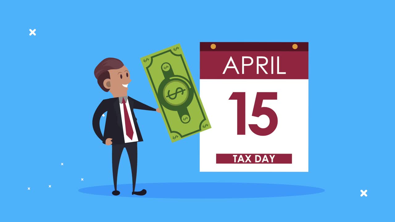 세금 날 애니메이션: 사업가가 돈을 올리고 달력