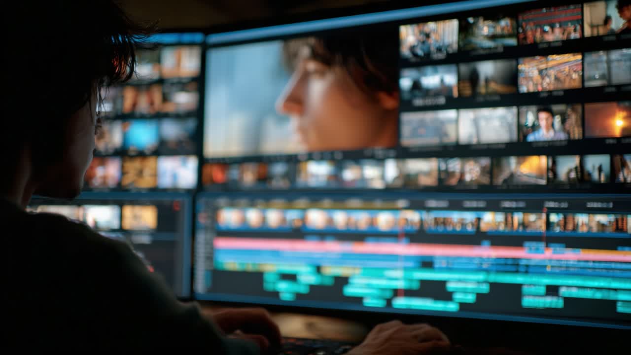 A Focused Editor Engaged in Post-Production Work, Analyzing Footage and Fine-Tuning Edits on Multiple Screens in a Creative Environment