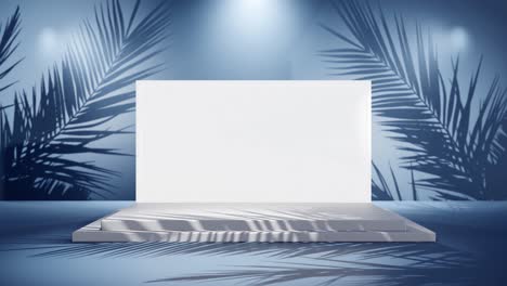 white blank screen product display with palm tree gentle breeze on blue background e-commerce online shop sell discount
