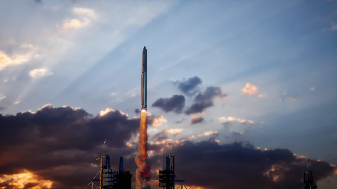 Launch Pad Complex, Successful Rocket Launching With Crew On A Space Exploration Mission. Flying Spaceship Blasts Flames And Smoke On A Take-Off. Humanity In Space, Sunset Time
