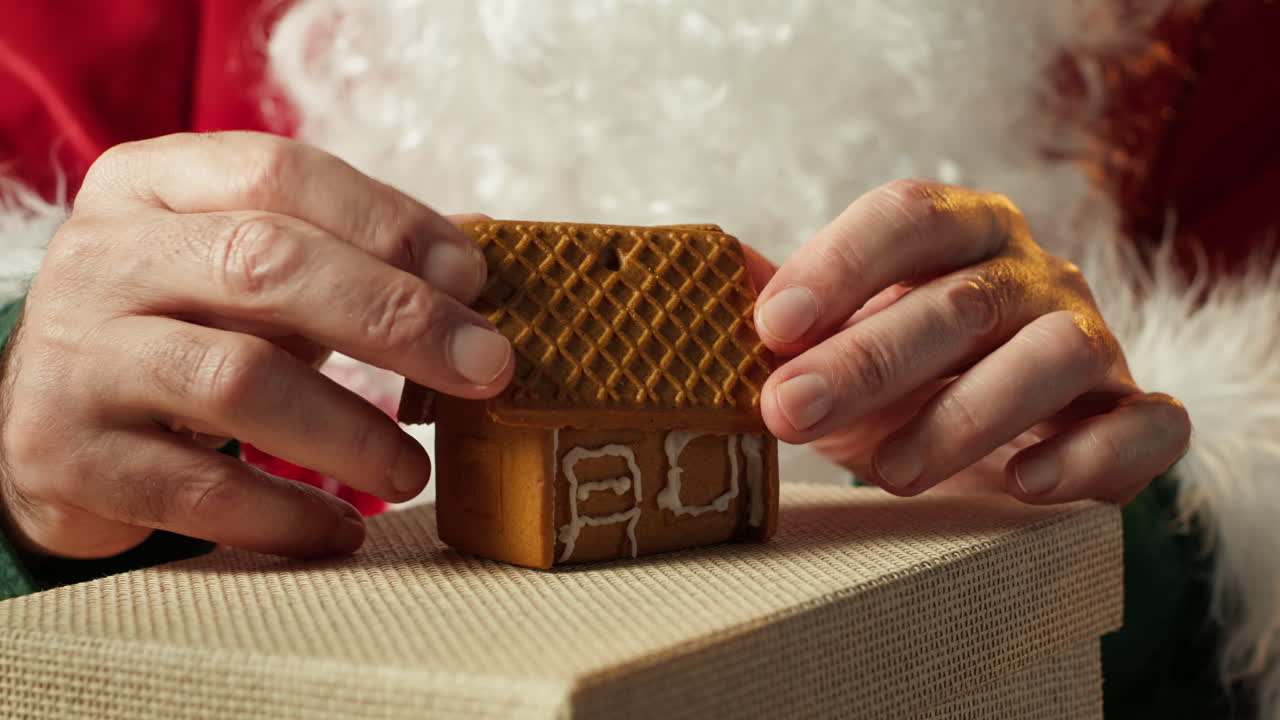 Gingerbread house being assembled by Santa Claus