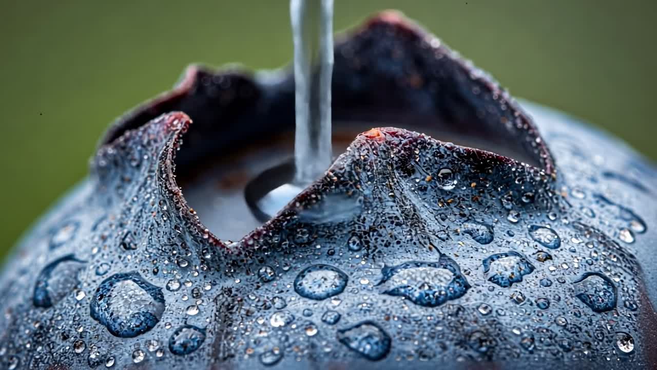 A detailed close-up captures delicate dewdrops resting on a fragile plant, showcasing the breathtaking beauty of nature in the early morning light just at dawn