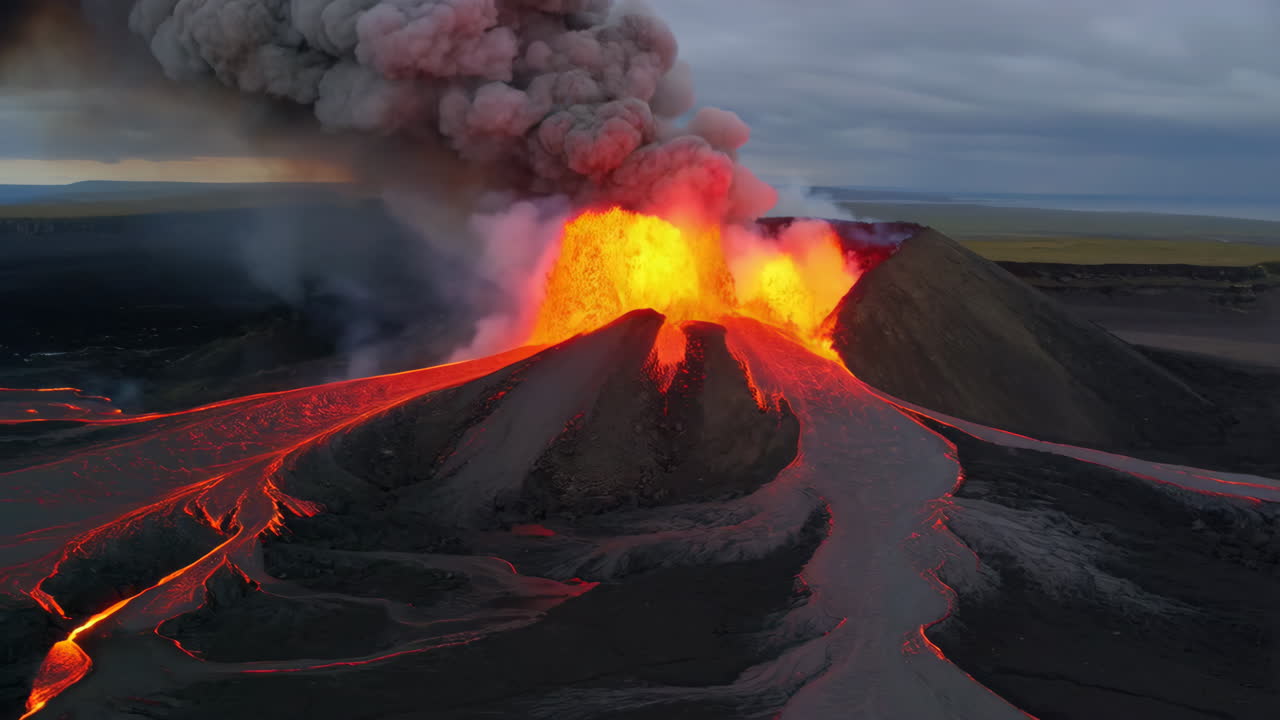 Dramatic Volcanic Eruption with Fiery Lava Flow and Ash Plume