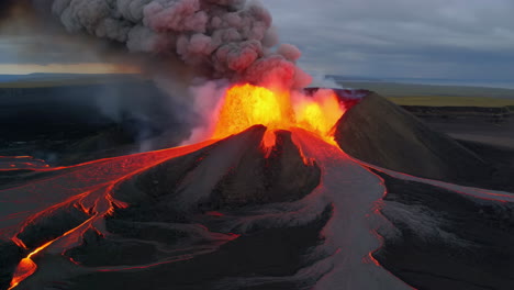 dramatic volcanic eruption with fiery lava flow and ash plume