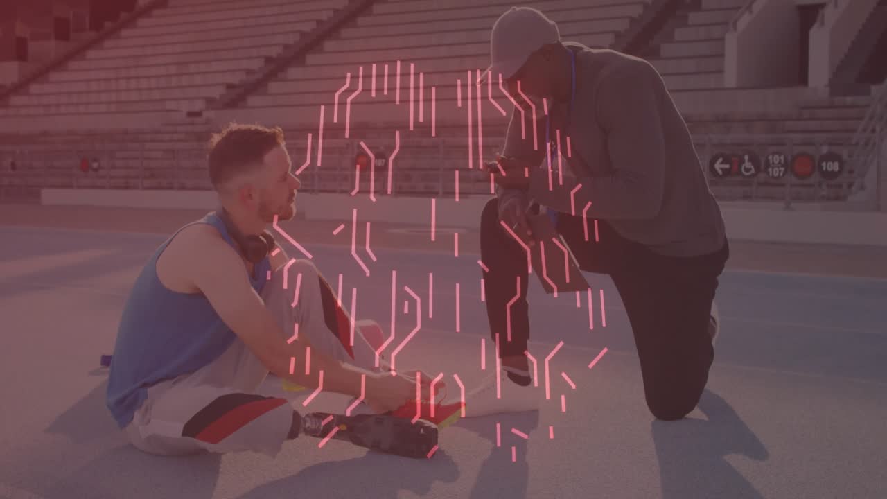 Athlete tying sneakers on court while coach guiding digital technology overlay forming brain icon