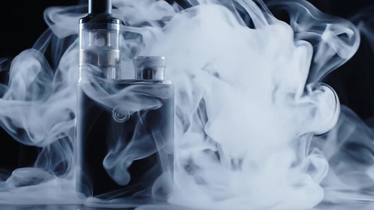 Ein modernes Vaping-Gerät, umgeben von dichten Dampfwolken in dunkler Umgebung, das die Feinheiten seines Designs und seiner Funktionalität hervorhebt.