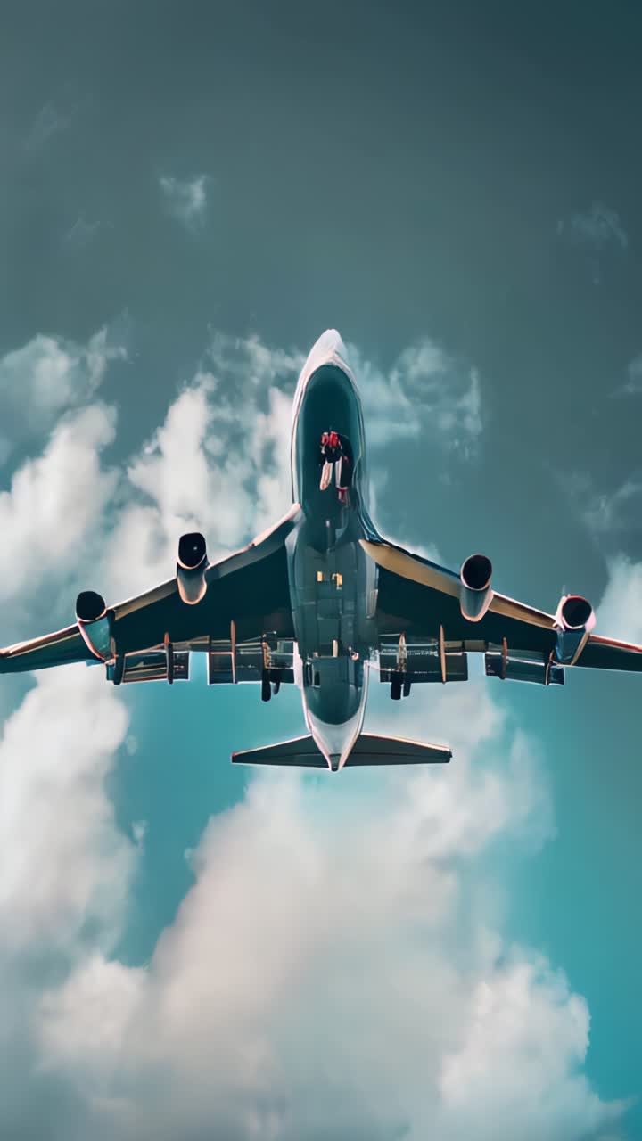Front view of air plane flying to cloudy sky. Travel concept