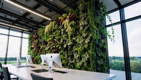 modern office interior with lush vertical garden and imac workstations