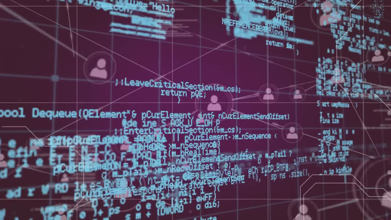 iconos de perfil y líneas asimétricas con códigos de programa en el fondo