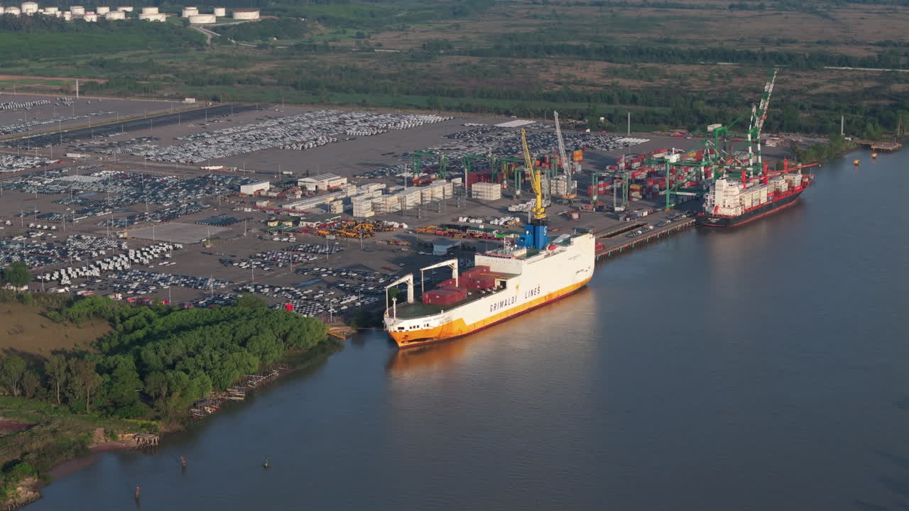 Aerial view of cargo ships moored at Terminal Zárate port, Argentina