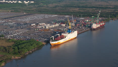 aerial view of cargo ships moored at terminal zárate port, argentina