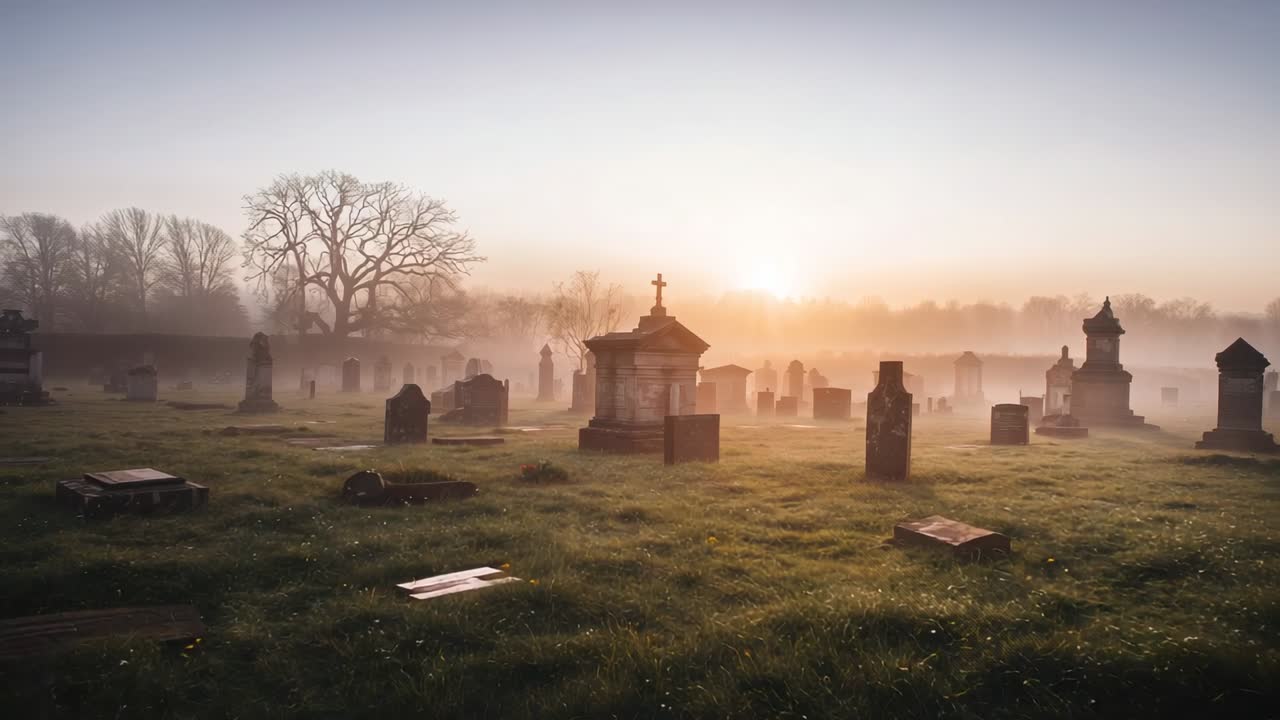 Rising sun brightening cemetery sky, lifting fog, revealing cross atop stone mausoleum