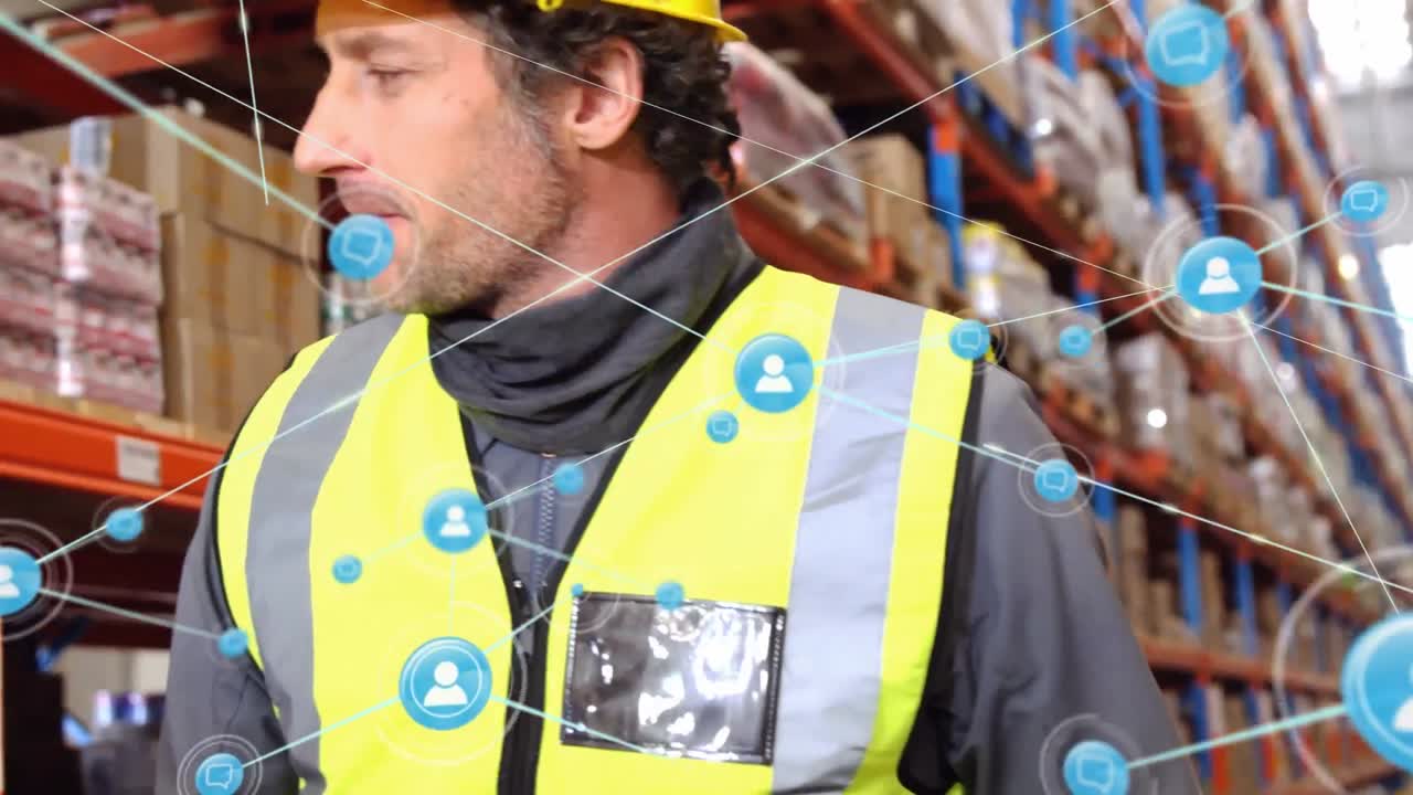 창고에서 일하는 사람들에 대한 아이콘과 연결 네트워크의 애니메이션