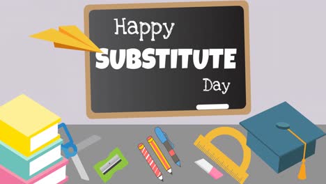 animation of happy substitude day text over school items and blackboard