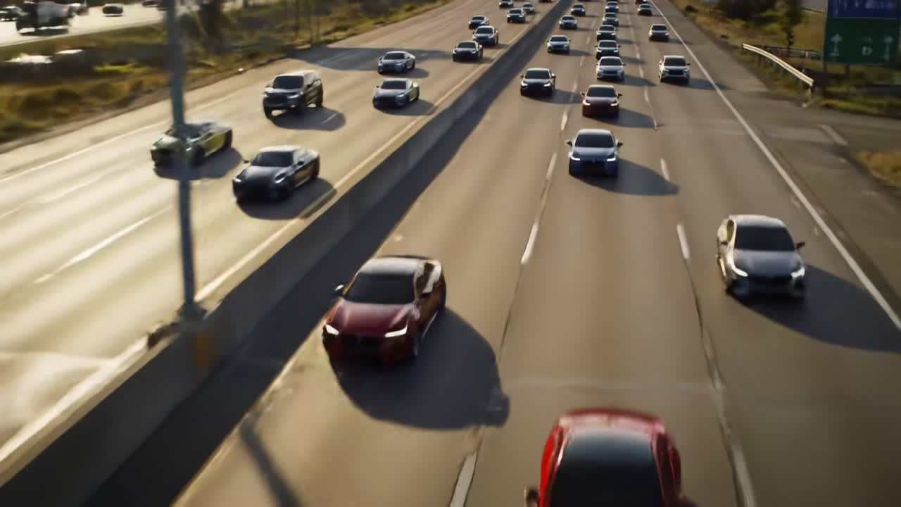 Aerial View of Busy Highway Traffic Flow with Various Cars Moving in Different Lanes Under a Bright Sky, Captured During Golden Hour