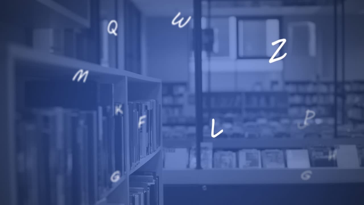 학교 도서관에서 떠다니고 움직이는 영어 알파 ⁇ 의 디지털 구성