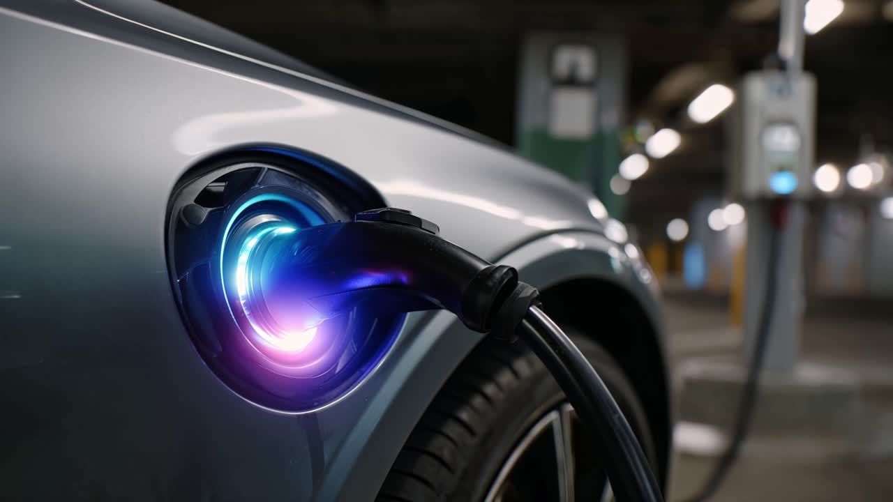 Parlayan Şarj Noktalı Otoparkta Şarj Olan Elektrikli Araba