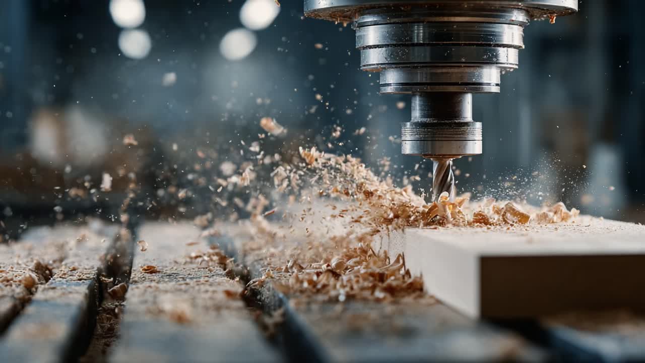 Precision Woodworking: A High-Definition Look at a CNC Machine Cutting Through Planks of Wood, Showcasing Splinters and Wood Shavings in Action