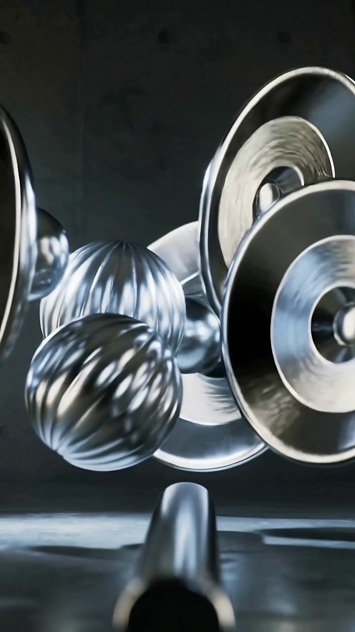 Video dọc: Đoạn clip bắt đầu, những đĩa chrome xoay tròn lướt qua thanh trong studio với sàn phản chiếu