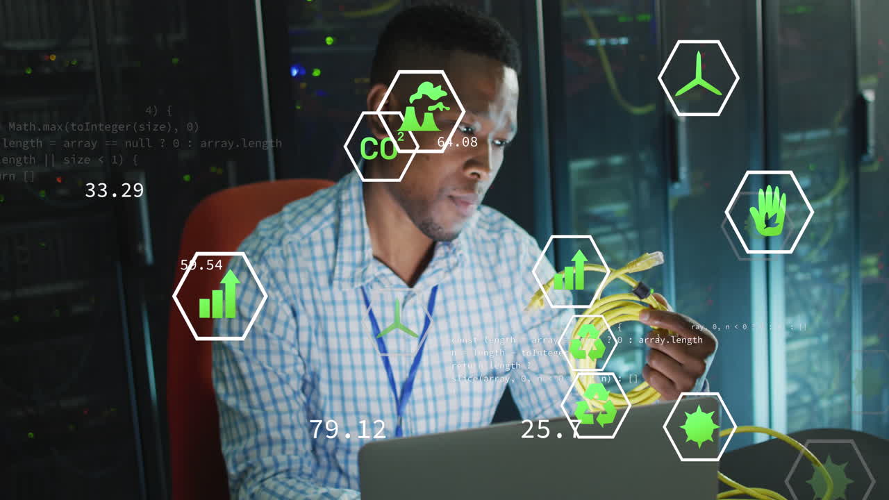 Animation of digital icons on african american male engineer holding a network cable at server room