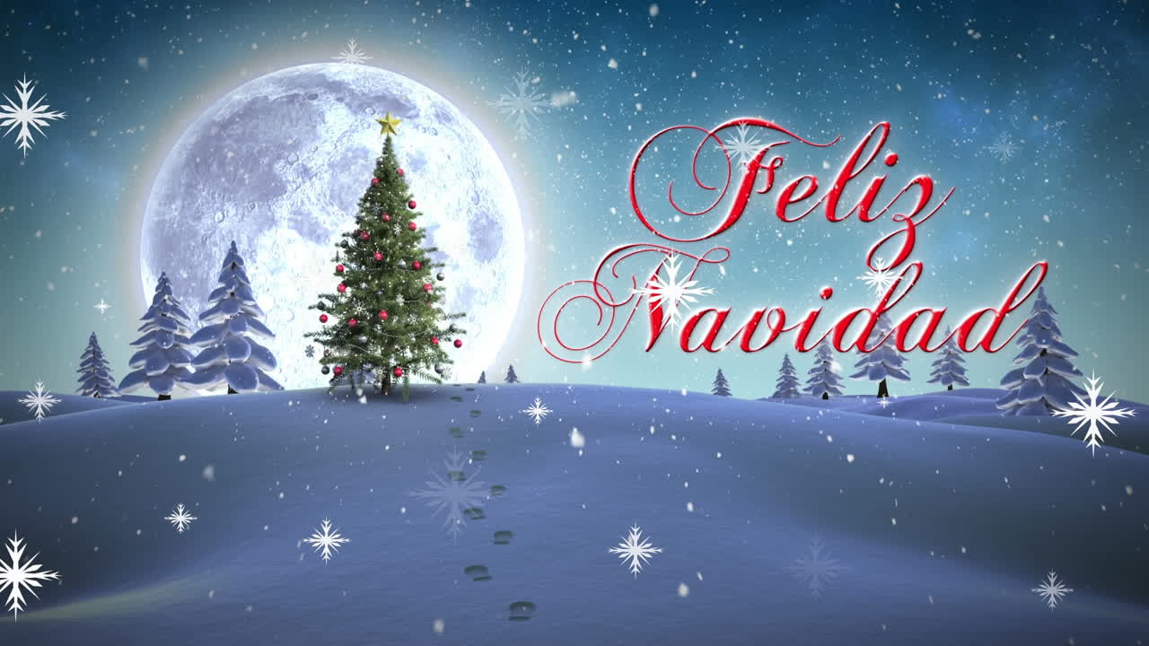 animación de nieve cayendo y texto feliz navidad sobre árbol de navidad y paisaje de invierno.