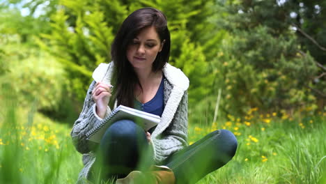 woman sitting on grass writing on a notebook